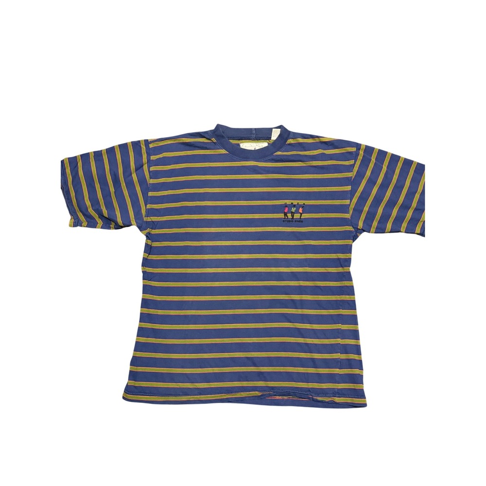 Vintage Studio Umen Striped Embroidered Graphic T-Shirt Navy Blue Orange Mens S